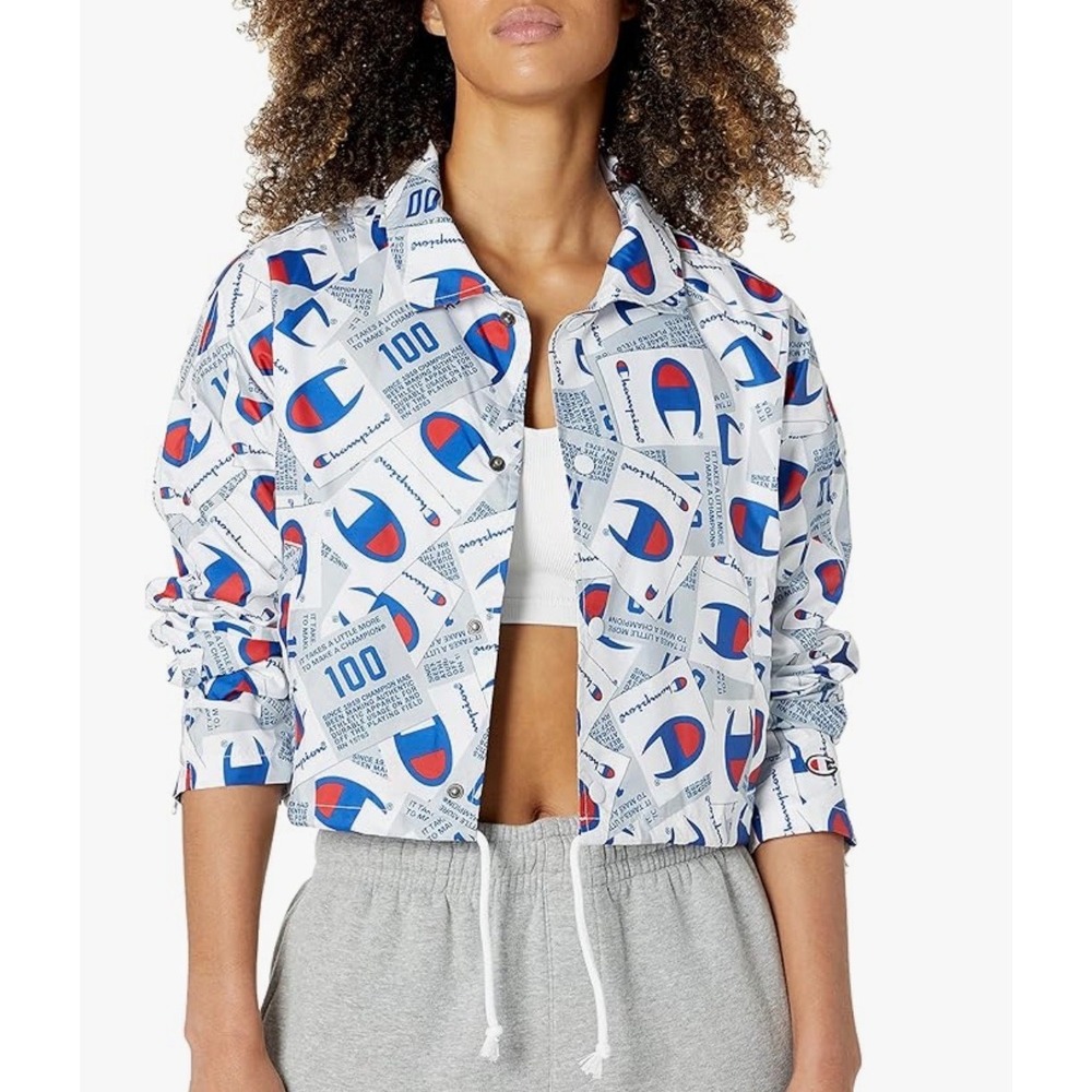 Champion‎ 100 Year Anniversary Cropped Coach Jacket M AOP Logo Y2K Streetwear